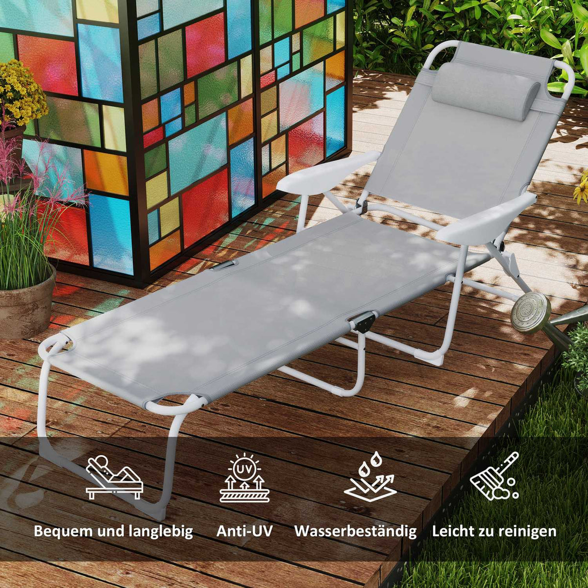 Sun lounger folding garden lounger with pillow, deck chair with 4-way adjustable backrest, weatherproof camping lounger, garden chair can hold up to 120 kg, for garden outdoor beach light gray |