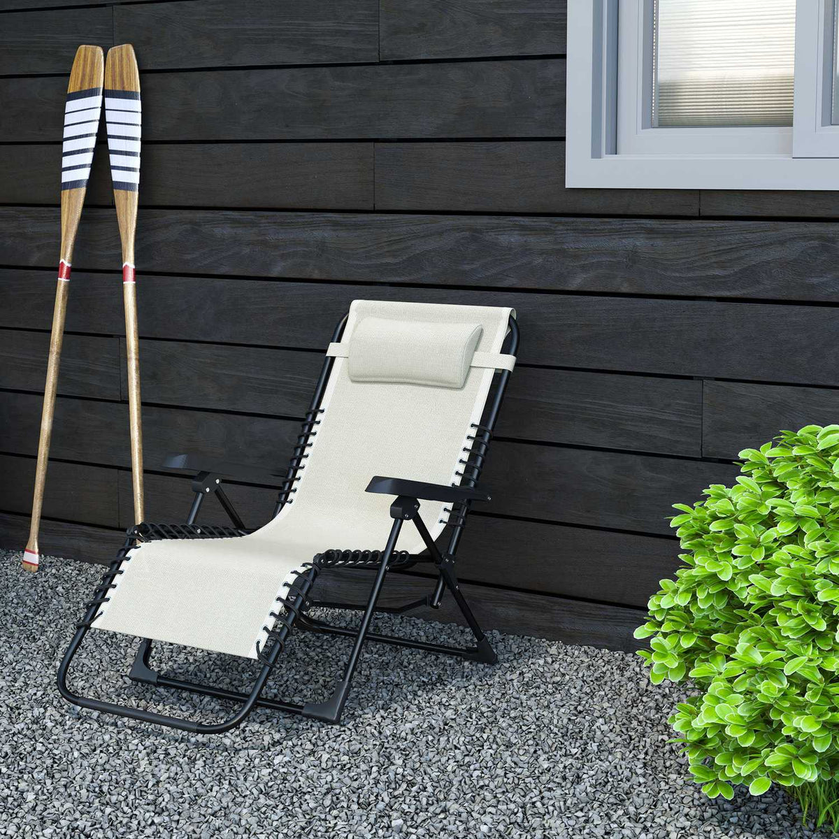 Sun lounger folding garden lounger with pillow, deck chair with 5-way adjustable backrest, weatherproof camping lounger, garden chair can hold up to 120 kg, for garden outdoor beach, beige