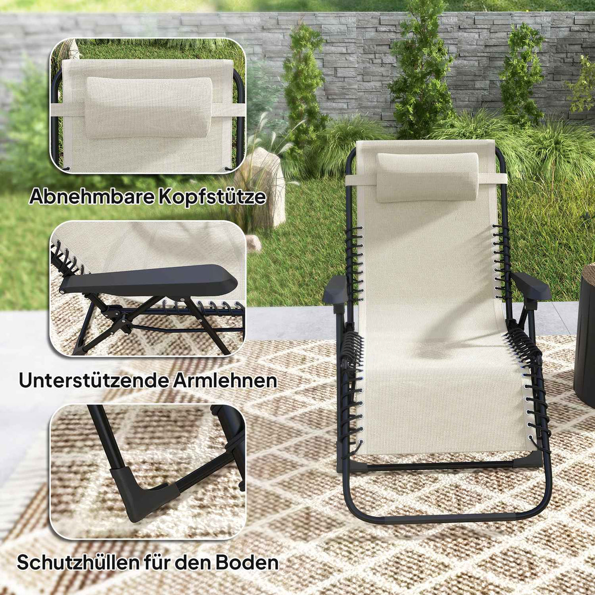 Sun lounger folding garden lounger with pillow, deck chair with 5-way adjustable backrest, weatherproof camping lounger, garden chair can hold up to 120 kg, for garden outdoor beach, beige