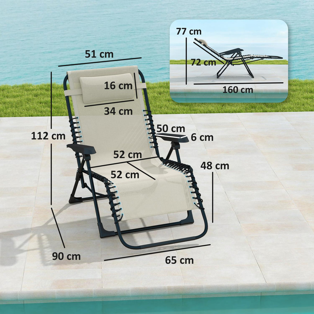 Sun lounger folding garden lounger with pillow, deck chair with 5-way adjustable backrest, weatherproof camping lounger, garden chair can hold up to 120 kg, for garden outdoor beach, beige