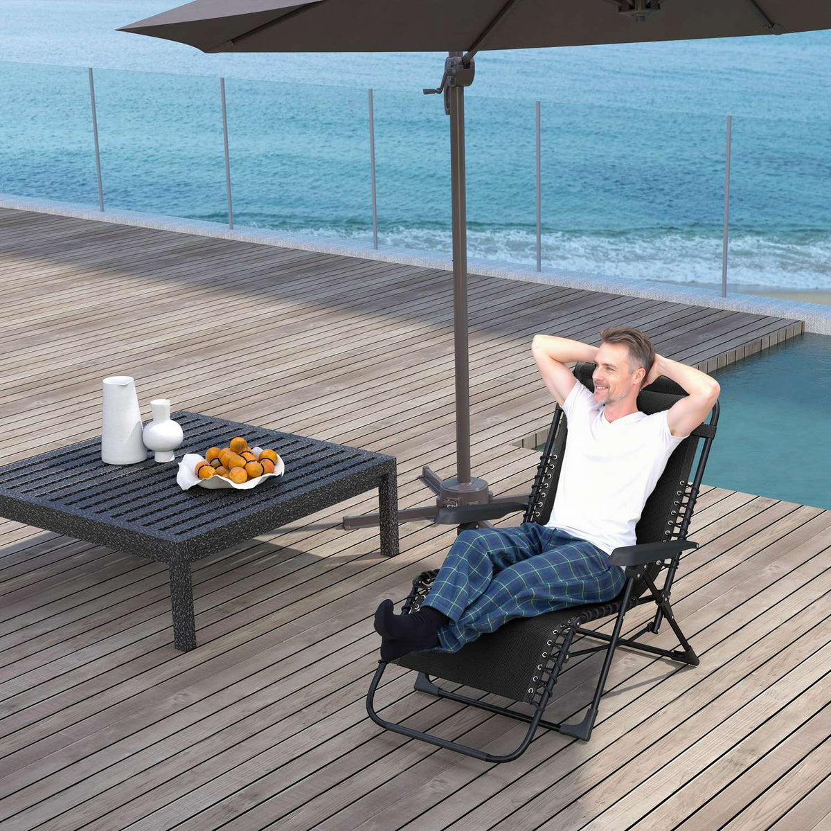 Sun lounger folding garden lounger with pillow, deck chair with 5-way adjustable backrest, weatherproof camping lounger, garden chair can hold up to 120 kg, for garden outdoor beach, black