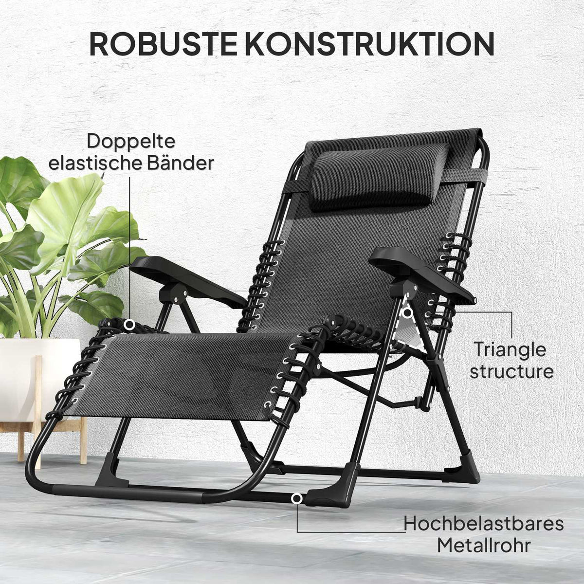 Sun lounger folding garden lounger with pillow, deck chair with 5-way adjustable backrest, weatherproof camping lounger, garden chair can hold up to 120 kg, for garden outdoor beach, black
