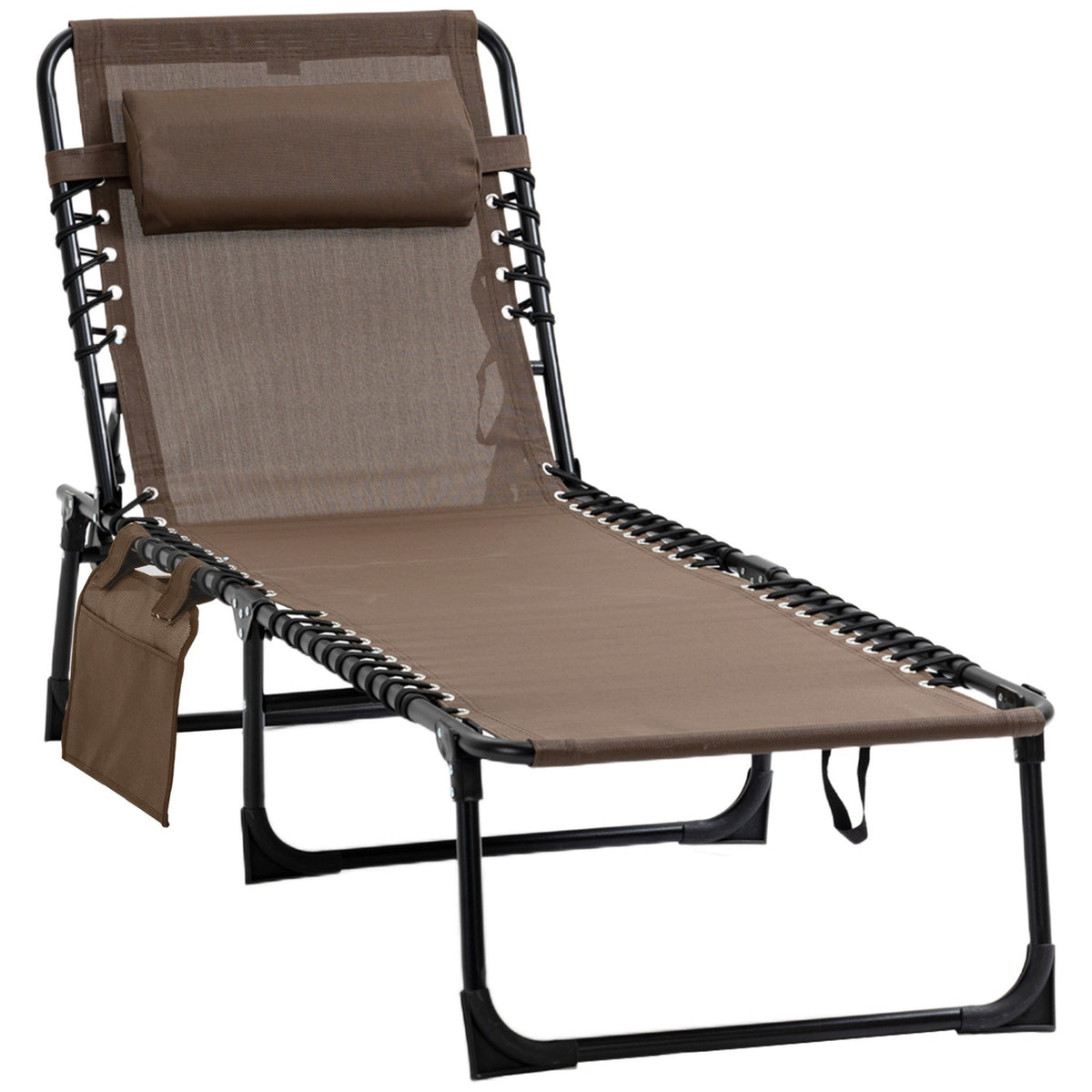 Sun lounger folding garden lounger with pillow, side pocket, deck chair with 5-way adjustable backrest, weatherproof camping lounger can hold up to 120 kg, for garden beach pool, brown