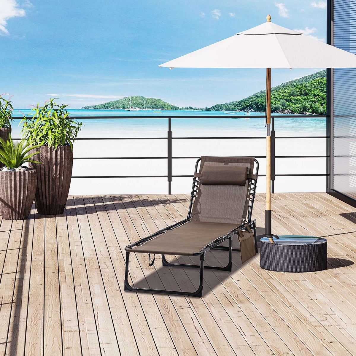 Sun lounger folding garden lounger with pillow, side pocket, deck chair with 5-way adjustable backrest, weatherproof camping lounger can hold up to 120 kg, for garden beach pool, brown