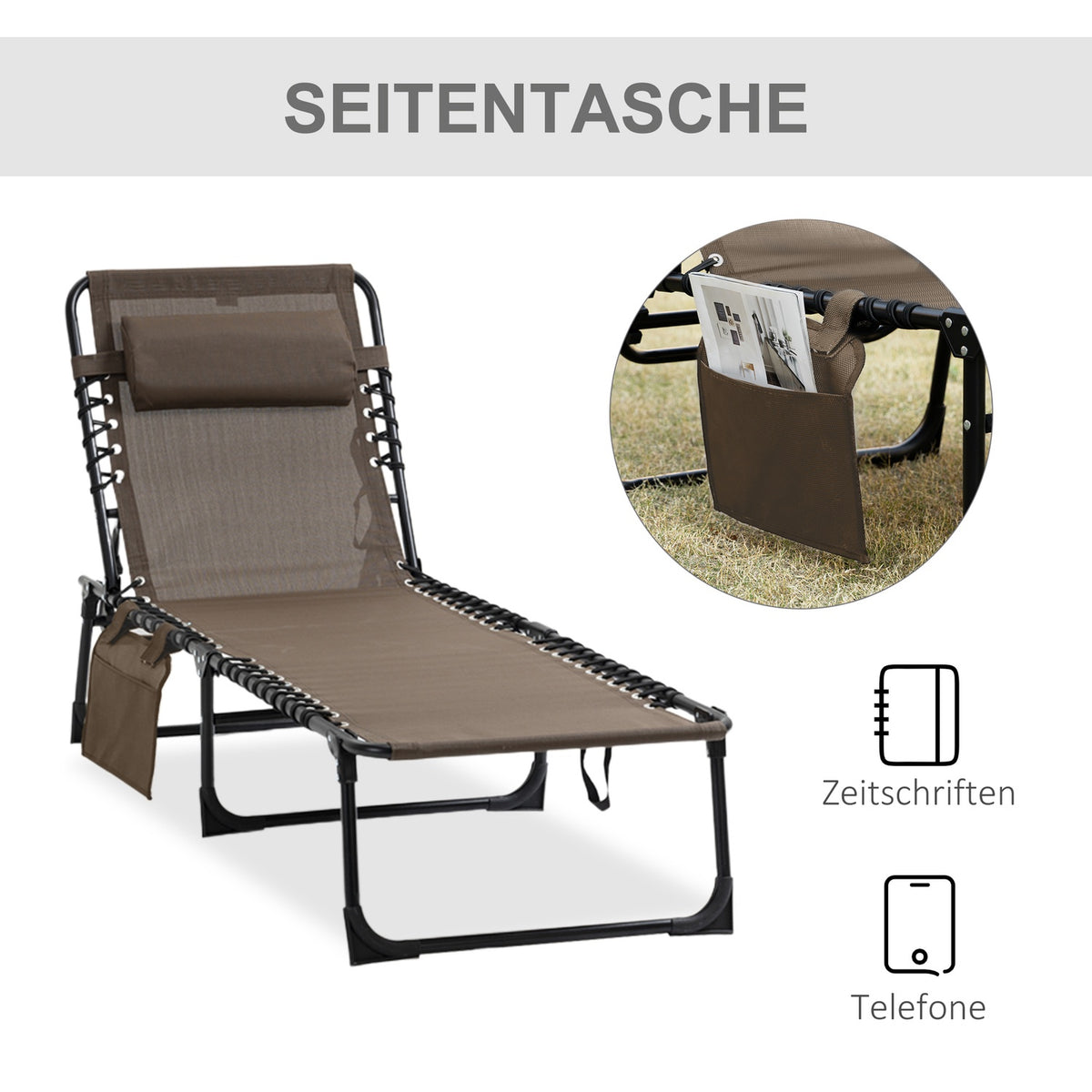 Sun lounger folding garden lounger with pillow, side pocket, deck chair with 5-way adjustable backrest, weatherproof camping lounger can hold up to 120 kg, for garden beach pool, brown