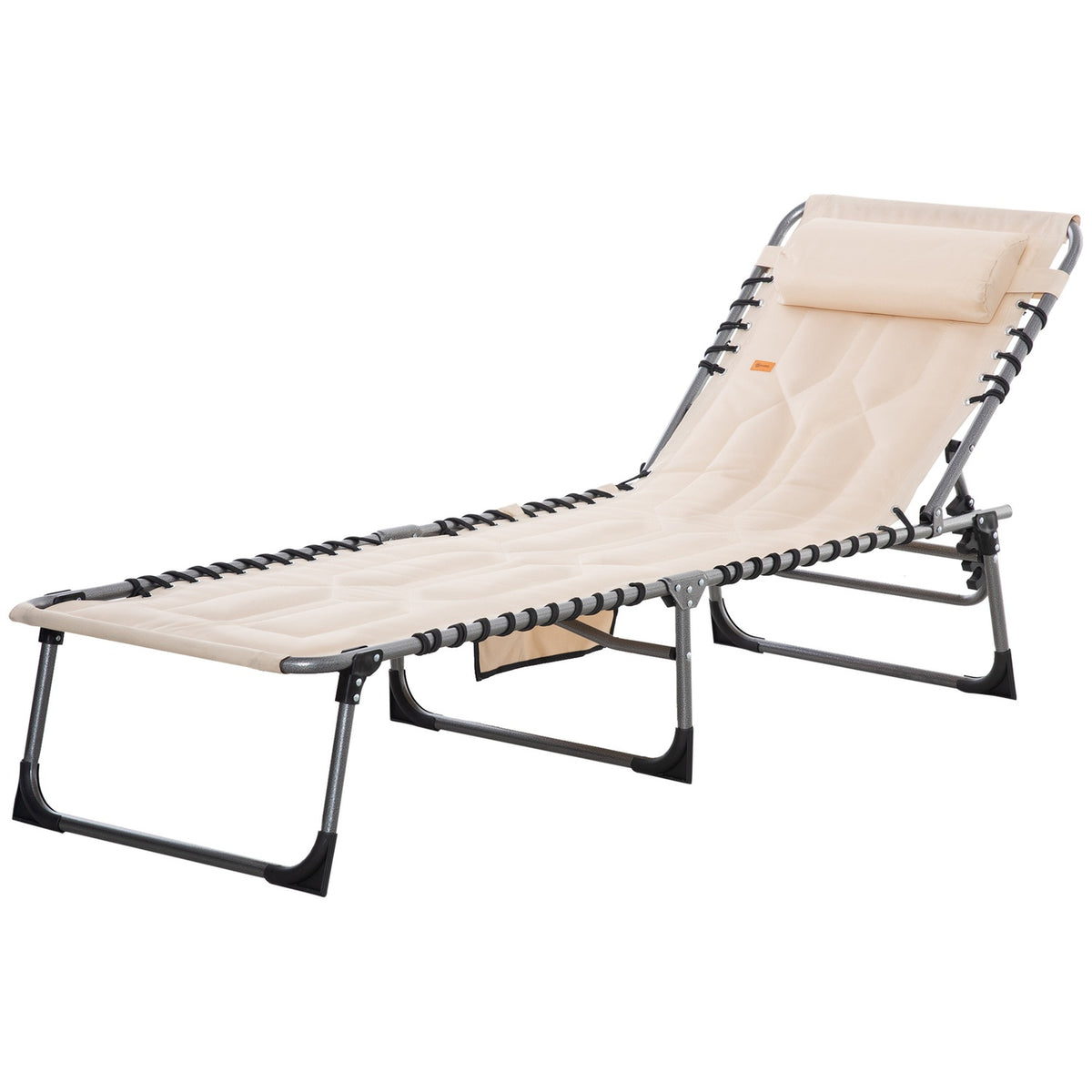 Sun lounger, folding garden lounger with pillow, side pocket, deck chair with 5-way adjustable backrest, weatherproof camping lounger can hold up to 130 kg, for garden, beach, pool, beige