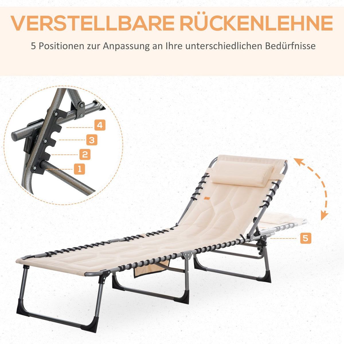 Sun lounger, folding garden lounger with pillow, side pocket, deck chair with 5-way adjustable backrest, weatherproof camping lounger can hold up to 130 kg, for garden, beach, pool, beige