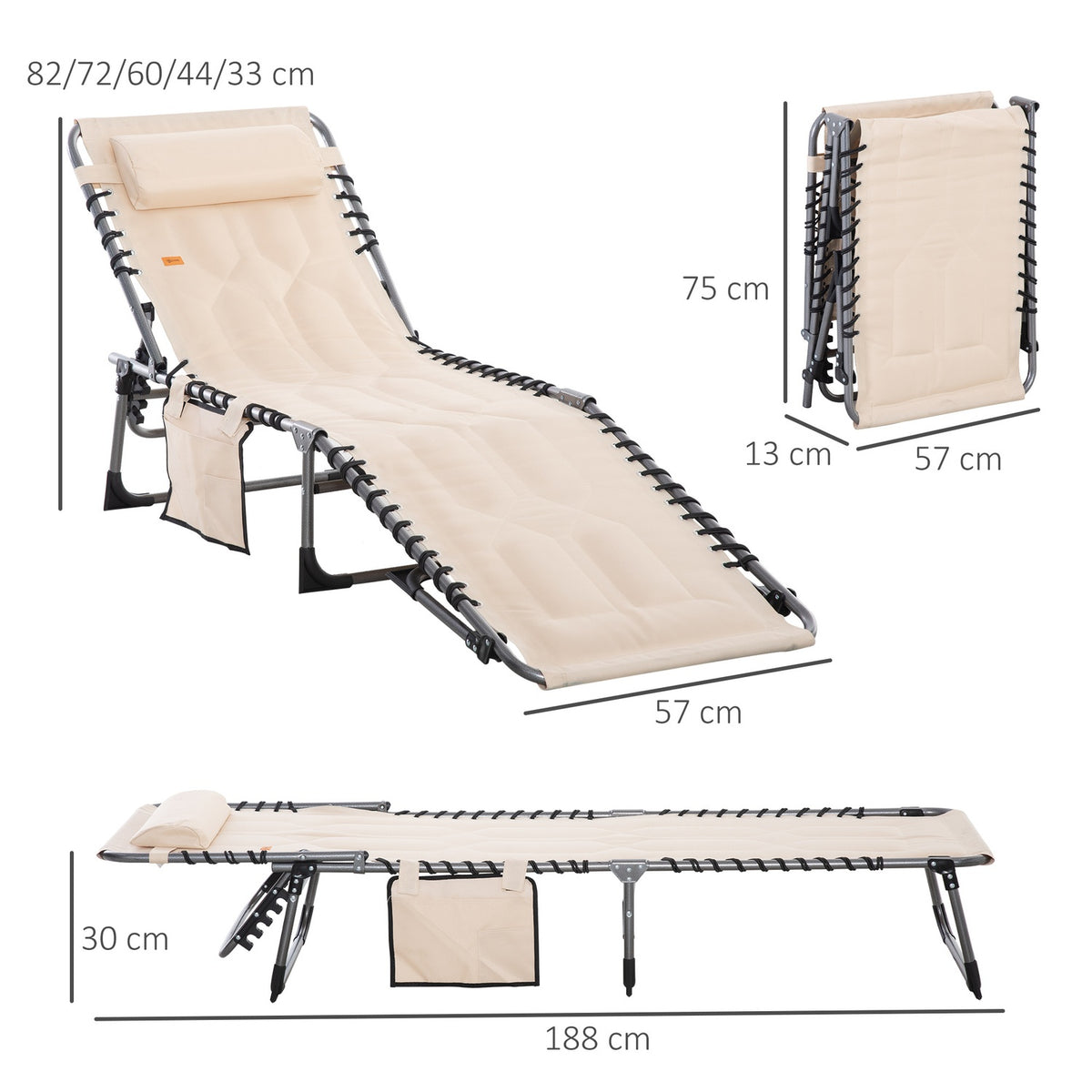 Sun lounger, folding garden lounger with pillow, side pocket, deck chair with 5-way adjustable backrest, weatherproof camping lounger can hold up to 130 kg, for garden, beach, pool, beige