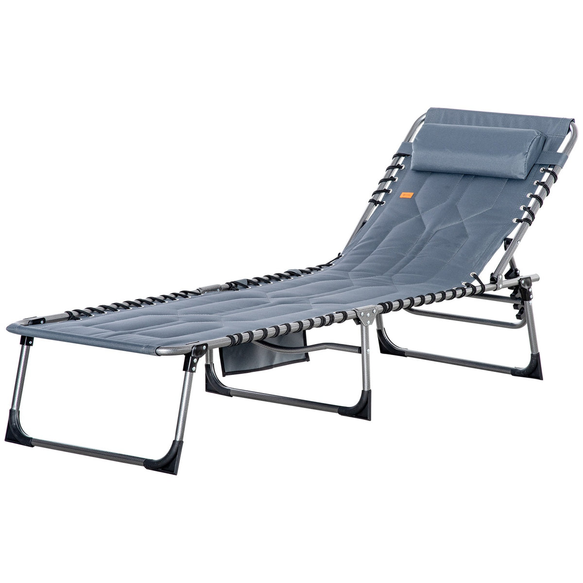 Sun lounger, folding garden lounger with pillow, side pocket, deck chair with 5-way adjustable backrest, weatherproof camping lounger can hold up to 130 kg, for garden, beach, pool, gray
