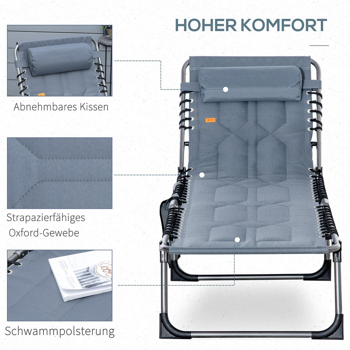 Sun lounger, folding garden lounger with pillow, side pocket, deck chair with 5-way adjustable backrest, weatherproof camping lounger can hold up to 130 kg, for garden, beach, pool, gray