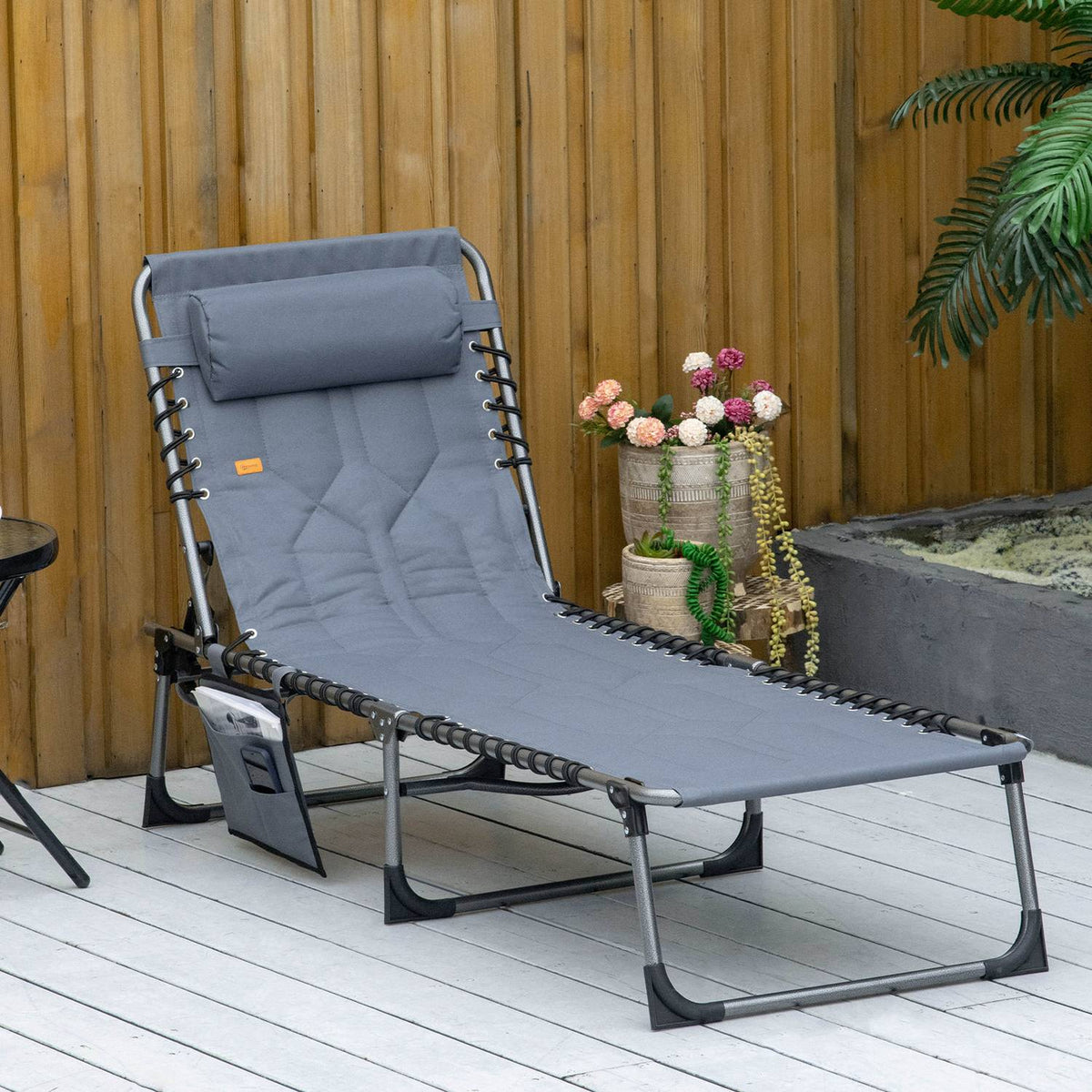 Sun lounger, folding garden lounger with pillow, side pocket, deck chair with 5-way adjustable backrest, weatherproof camping lounger can hold up to 130 kg, for garden, beach, pool, gray