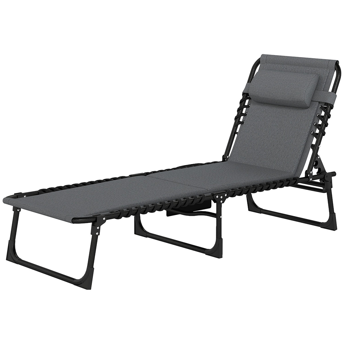Sun lounger folding garden lounger with pillow side pocket, upholstered deck chair with 5-way adjustable backrest, weatherproof camping lounger with a load of up to 120 kg, for garden beach dark gray