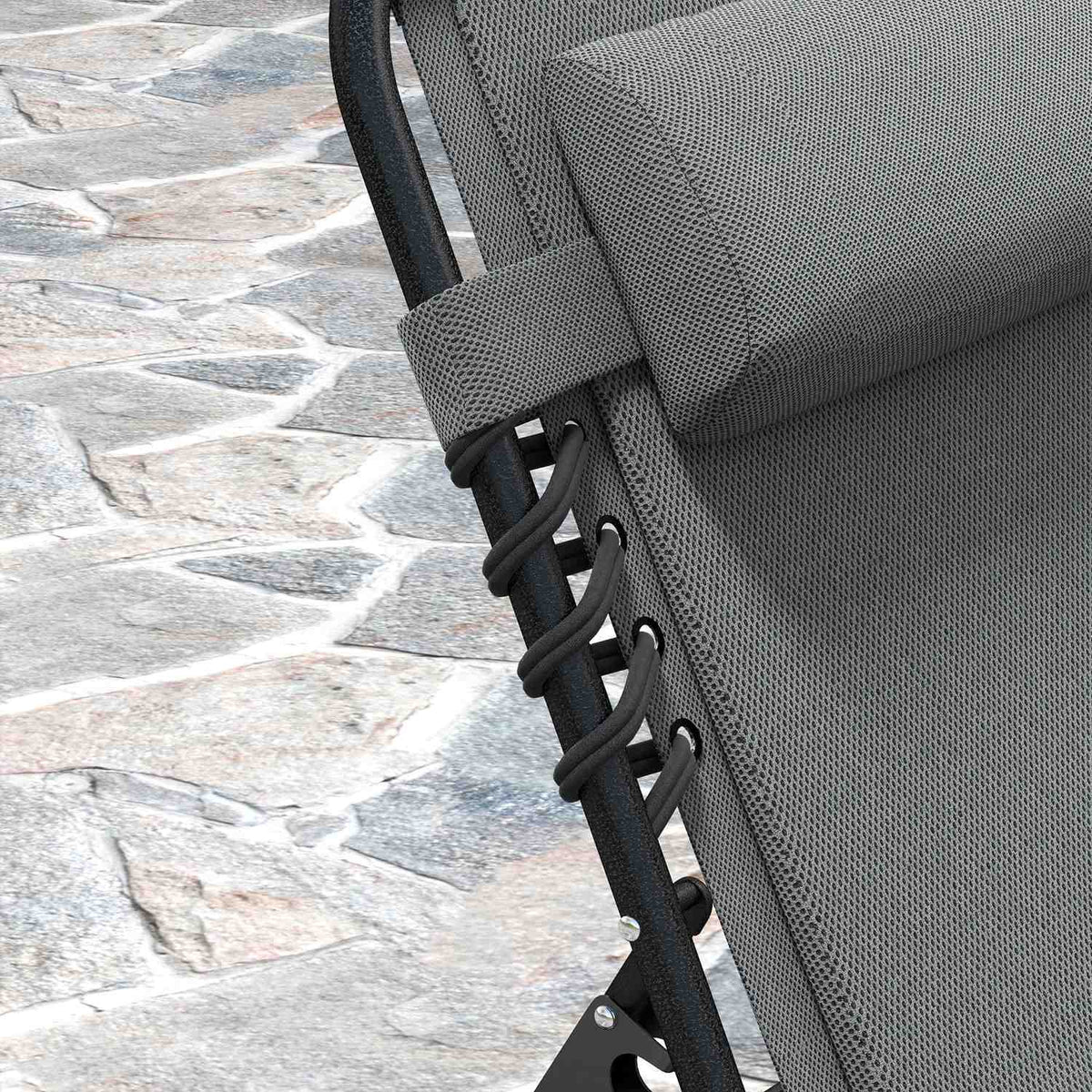 Sun lounger folding garden lounger with pillow side pocket, upholstered deck chair with 5-way adjustable backrest, weatherproof camping lounger with a load of up to 120 kg, for garden beach dark gray