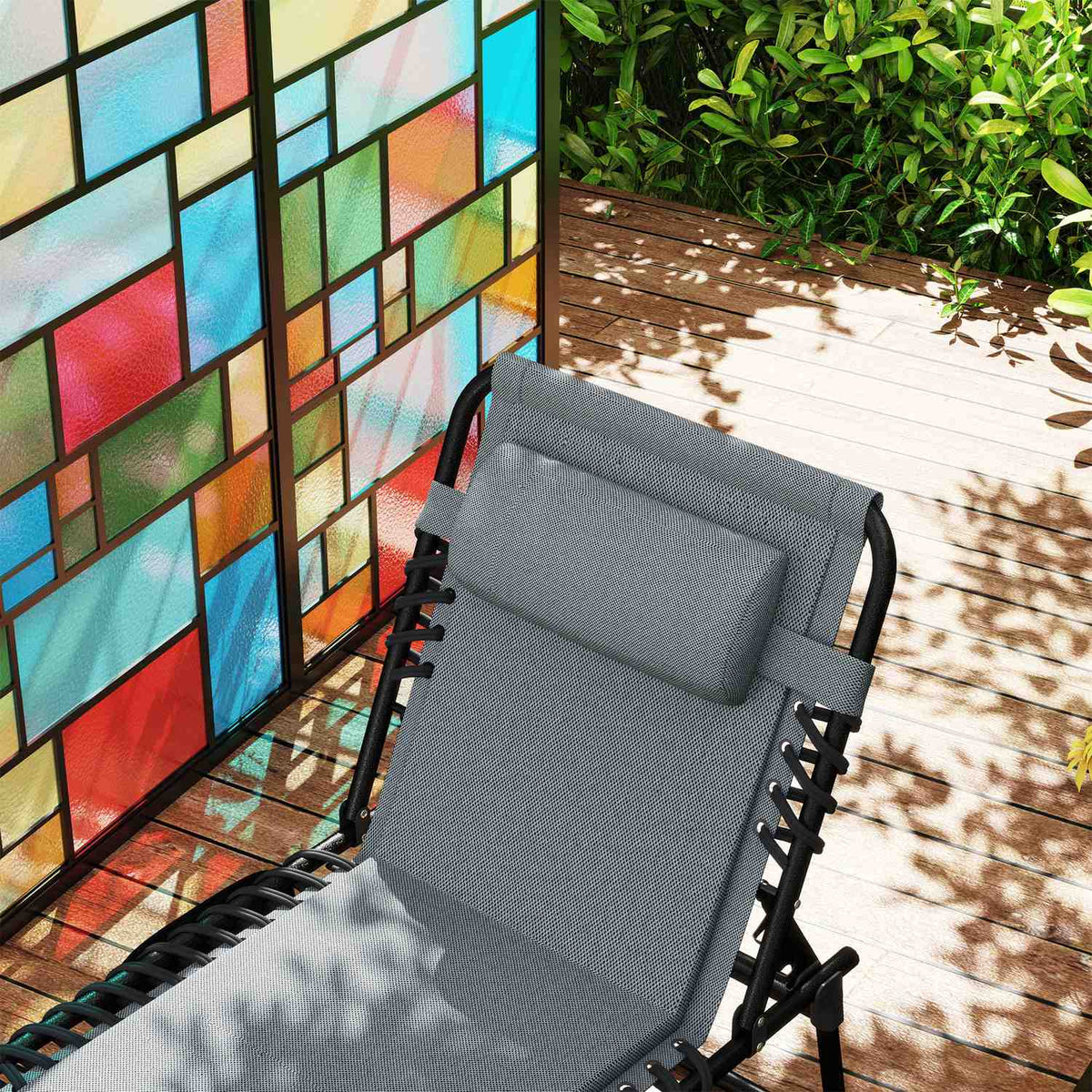 Sun lounger folding garden lounger with pillow side pocket, upholstered deck chair with 5-way adjustable backrest, weatherproof camping lounger with a load of up to 120 kg, for garden beach dark gray