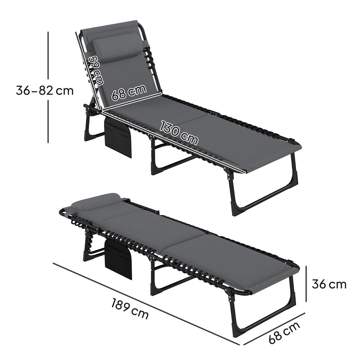 Sun lounger folding garden lounger with pillow side pocket, upholstered deck chair with 5-way adjustable backrest, weatherproof camping lounger with a load of up to 120 kg, for garden beach dark gray