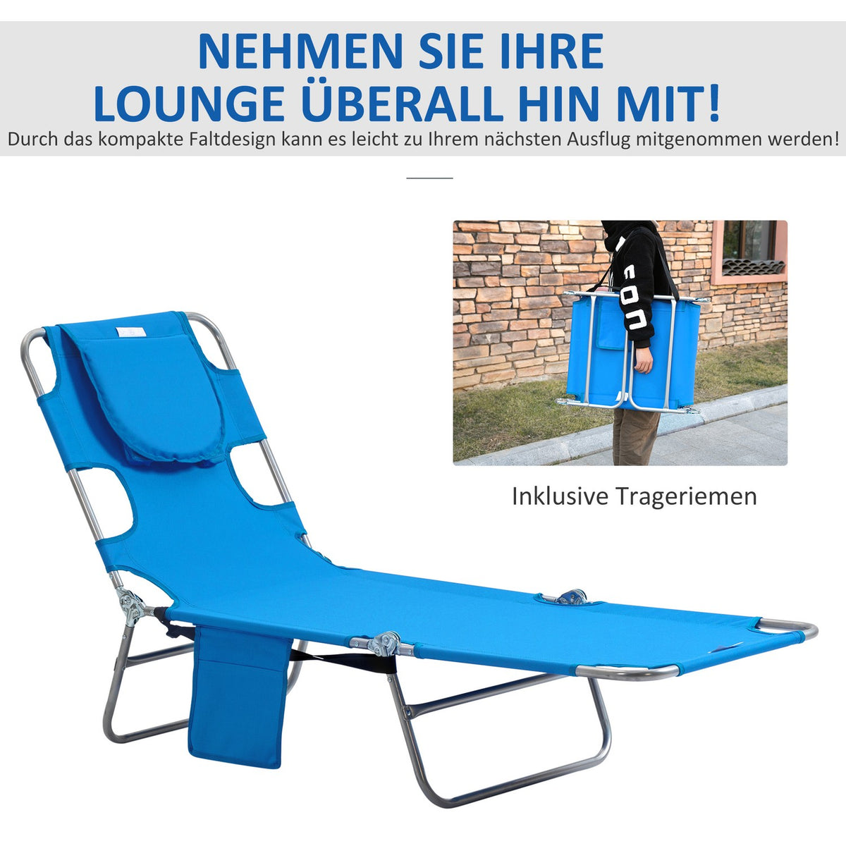 Sun lounger folding garden lounger with reading window, pillow, deck chair with 5-way adjustable backrest, weatherproof camping lounger can hold up to 120 kg, for garden beach pool, blue