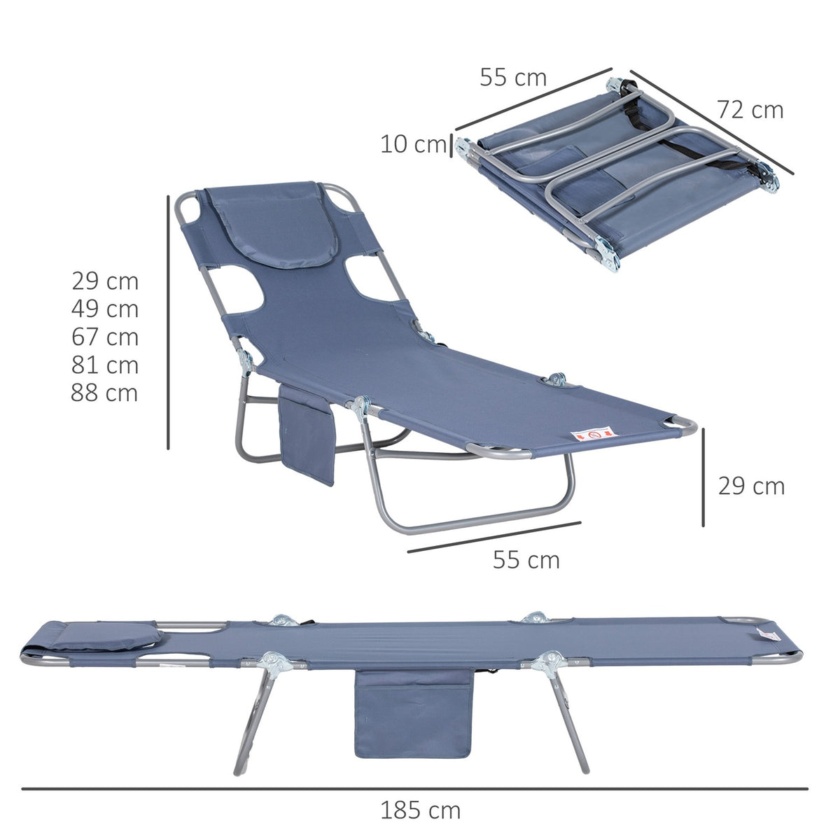 Sun lounger folding garden lounger with reading window, pillow, deck chair with 5-way adjustable backrest, weatherproof camping lounger can hold up to 120 kg, for garden beach pool, gray