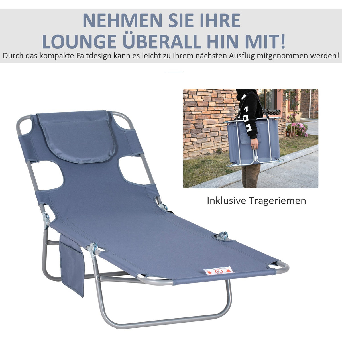 Sun lounger folding garden lounger with reading window, pillow, deck chair with 5-way adjustable backrest, weatherproof camping lounger can hold up to 120 kg, for garden beach pool, gray