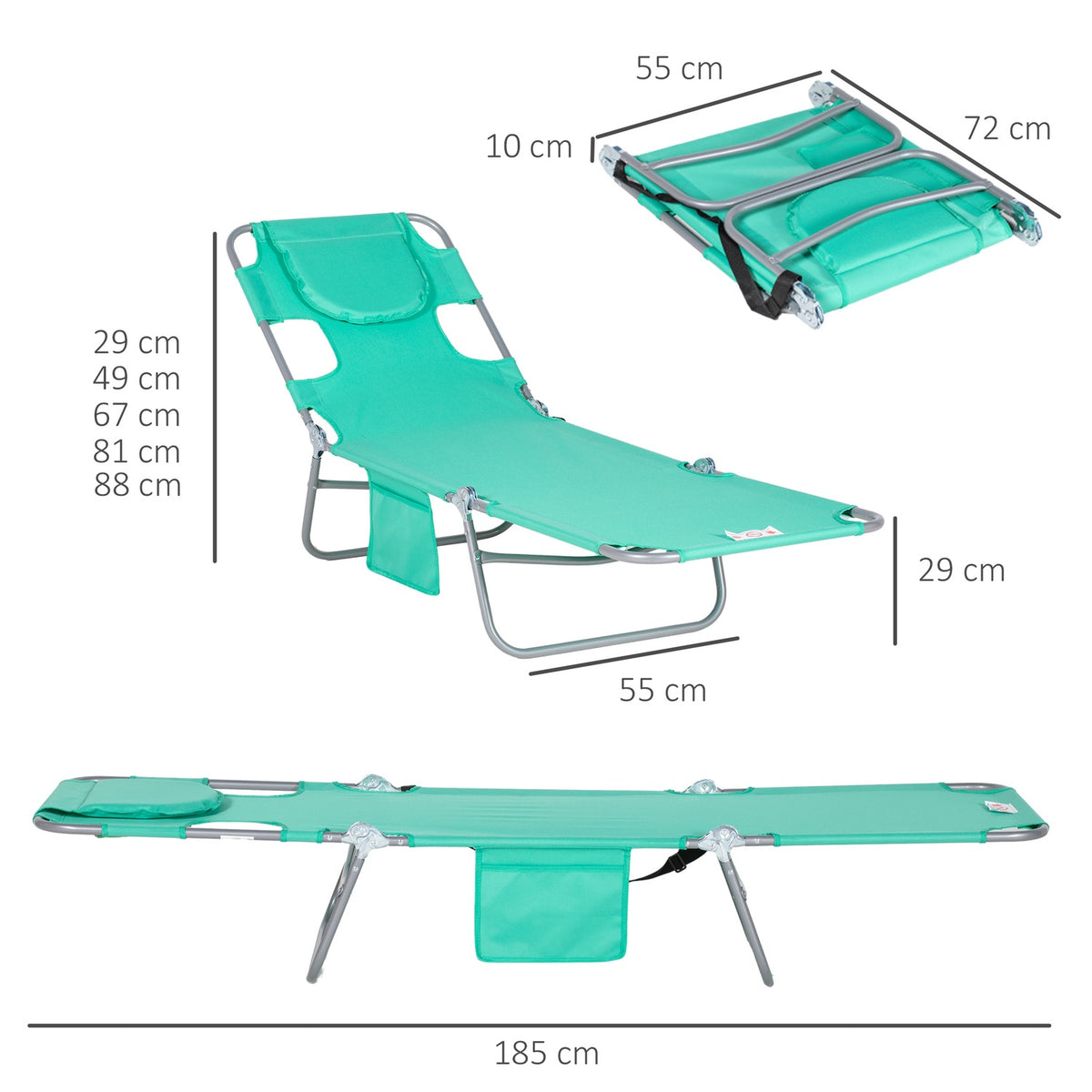 Sun lounger folding garden lounger with reading window, pillow, deck chair with 5-way adjustable backrest, weatherproof camping lounger can hold up to 120 kg, for garden beach pool, green
