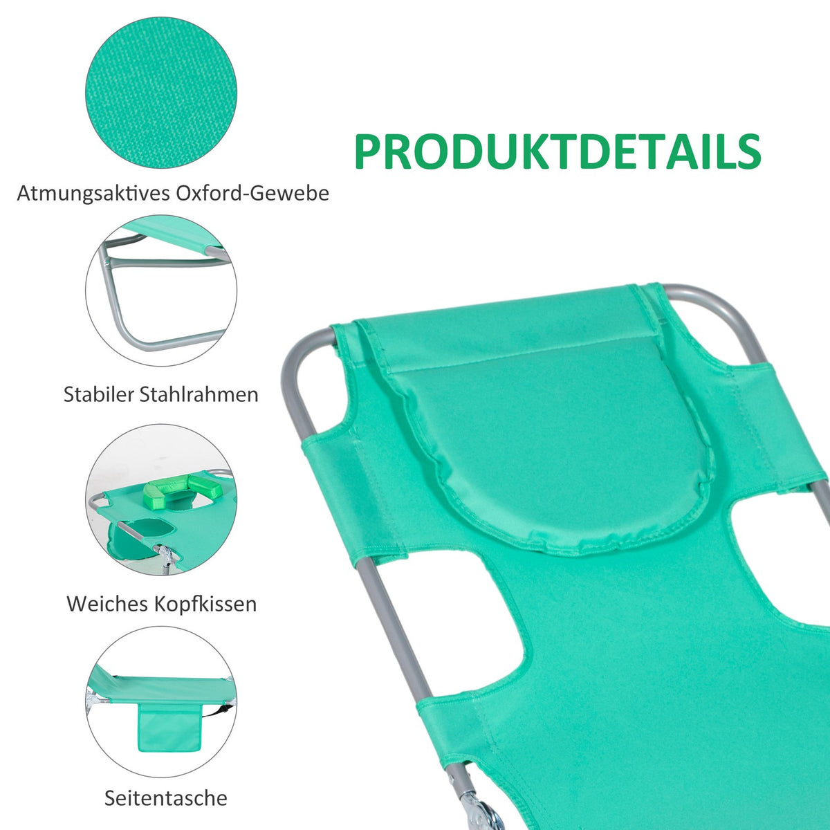 Sun lounger folding garden lounger with reading window, pillow, deck chair with 5-way adjustable backrest, weatherproof camping lounger can hold up to 120 kg, for garden beach pool, green