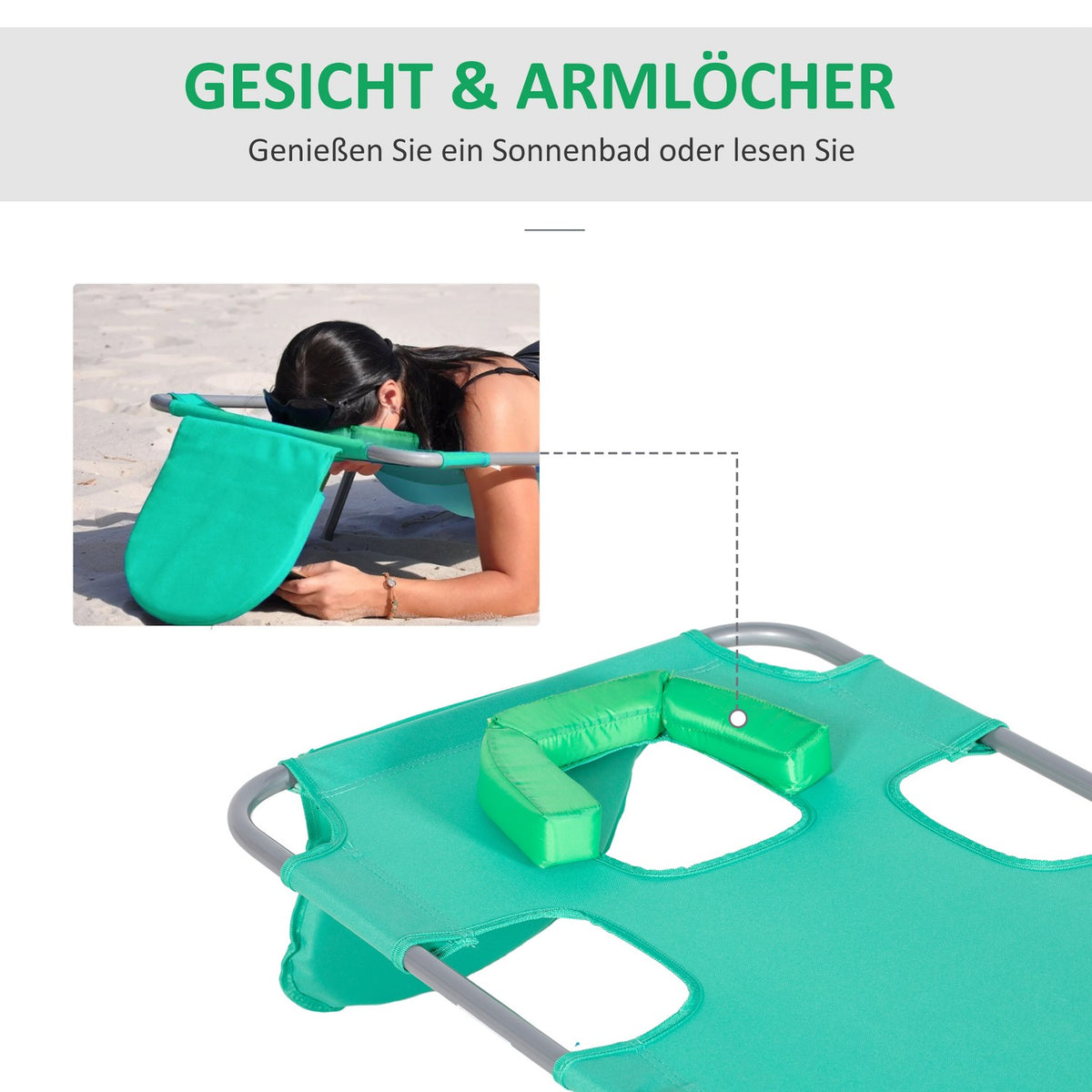 Sun lounger folding garden lounger with reading window, pillow, deck chair with 5-way adjustable backrest, weatherproof camping lounger can hold up to 120 kg, for garden beach pool, green