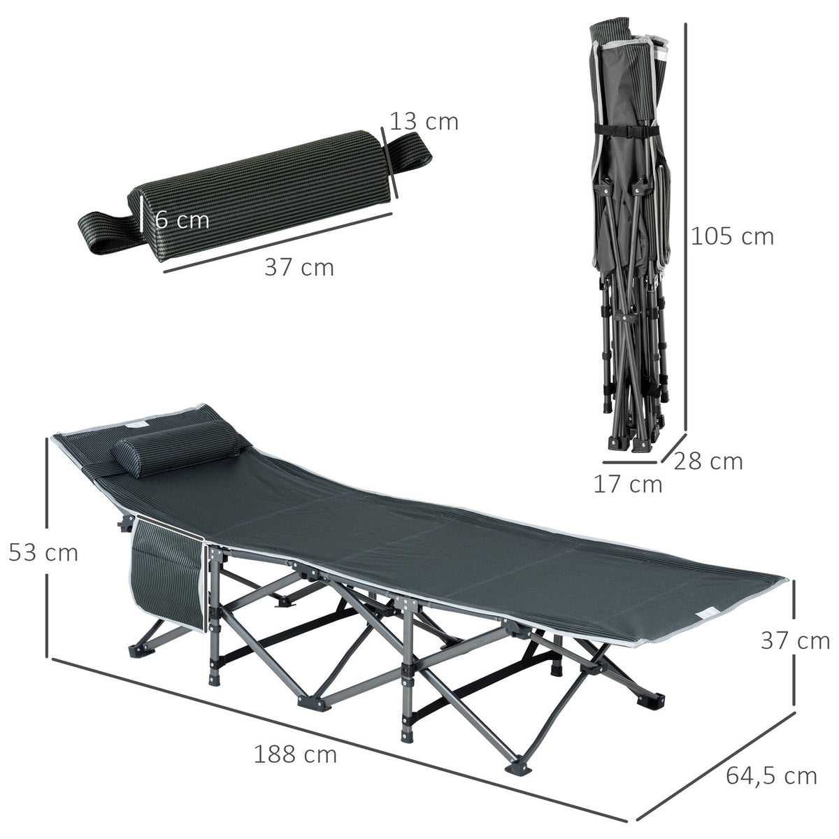 Sun lounger folding lounger with pillow side pocket integrated storage bag metal and Oxford fabric 188 x 64.5 x 53 cm gray