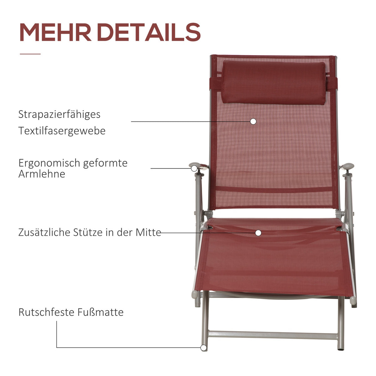 Sun lounger for balcony, 1 piece, 137 x 63.5 x 100.5 cm, with pillow, 5-level adjustable backrest, textline, aluminum, wine red