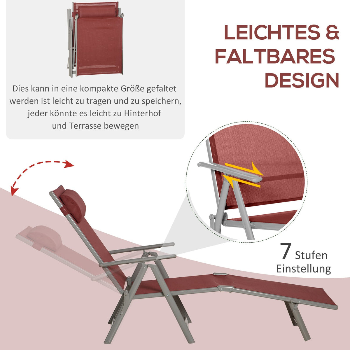 Sun lounger for balcony, 1 piece, 137 x 63.5 x 100.5 cm, with pillow, 5-level adjustable backrest, textline, aluminum, wine red