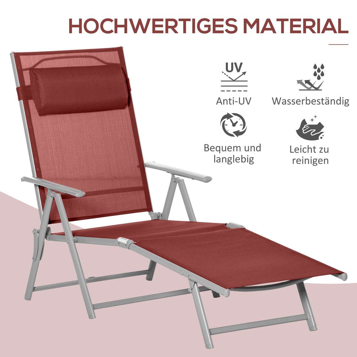 Sun lounger for balcony, 1 piece, 137 x 63.5 x 100.5 cm, with pillow, 5-level adjustable backrest, textline, aluminum, wine red