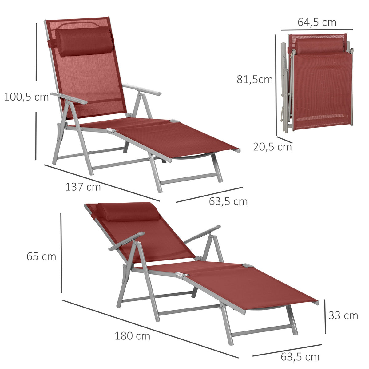 Sun lounger for balcony, 1 piece, 137 x 63.5 x 100.5 cm, with pillow, 5-level adjustable backrest, textline, aluminum, wine red