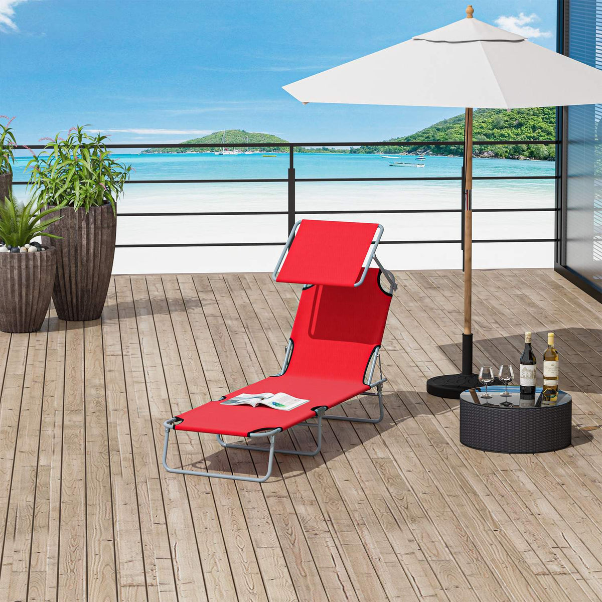 Sun lounger garden lounger foldable with sun protection, wellness lounger beach lounger in red 187 x 58 x 36 cm for relaxing hours outdoors