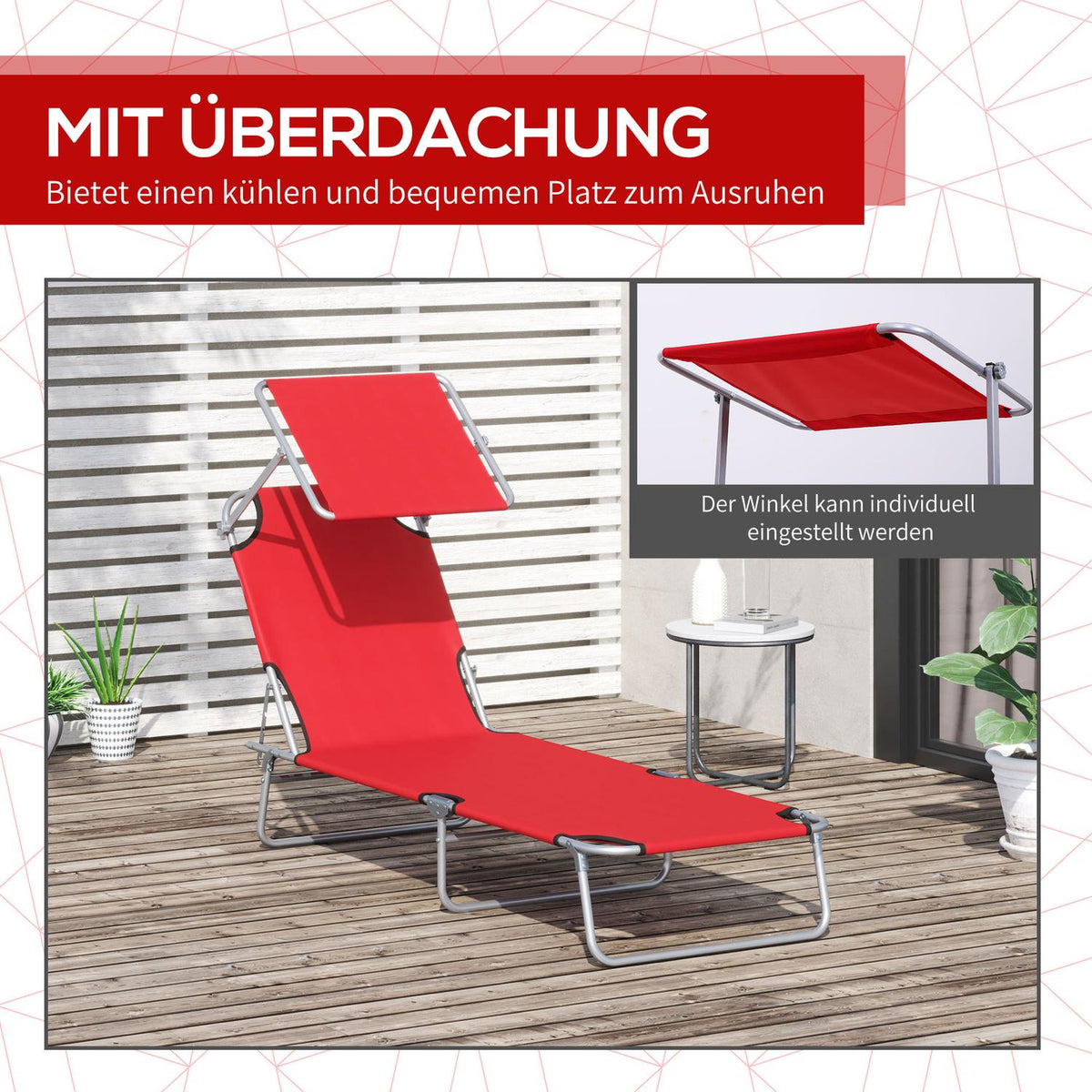 Sun lounger garden lounger foldable with sun protection, wellness lounger beach lounger in red 187 x 58 x 36 cm for relaxing hours outdoors