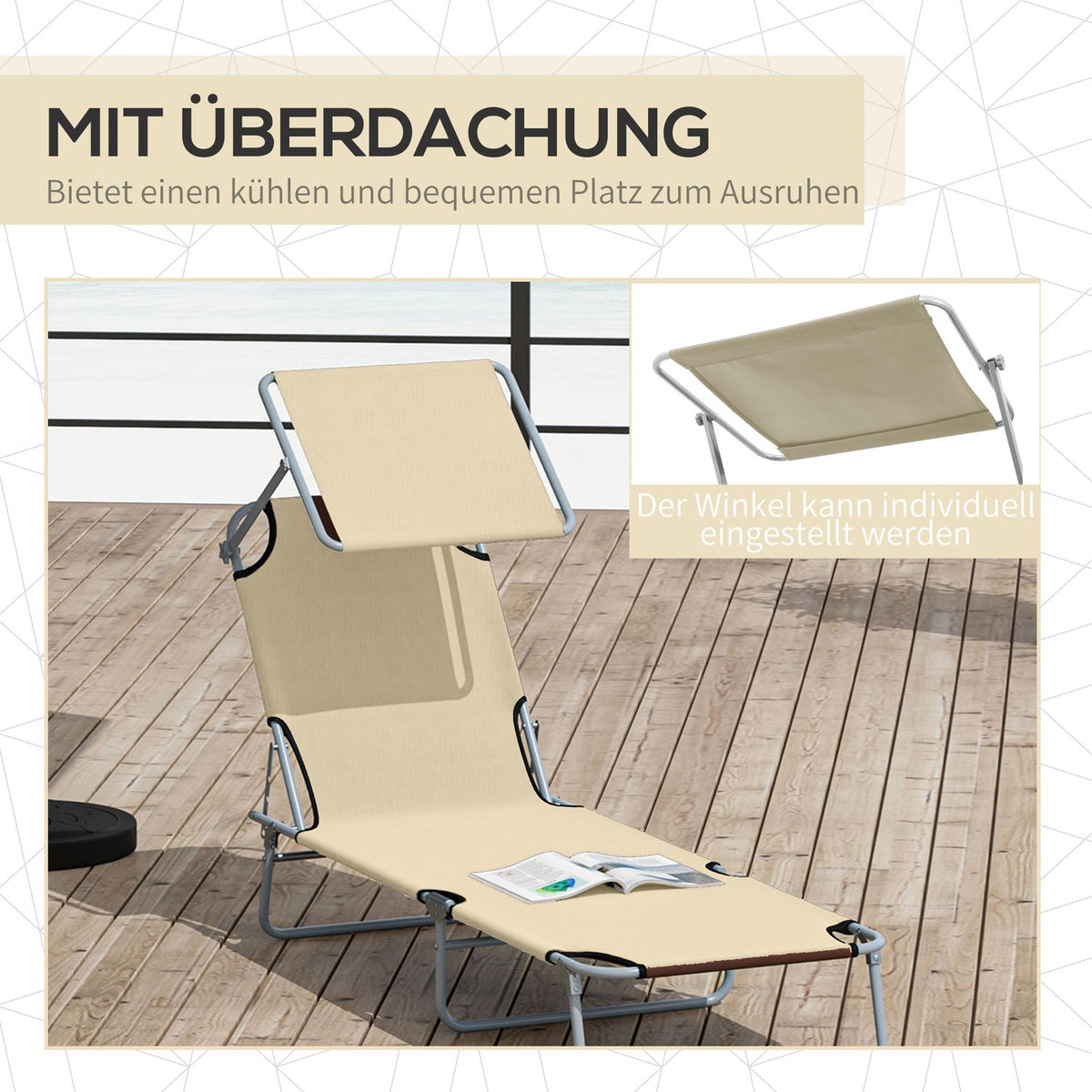 Sun lounger garden lounger wellness lounger beach lounger foldable with sun protection beige 187 x 58 x 36 cm
