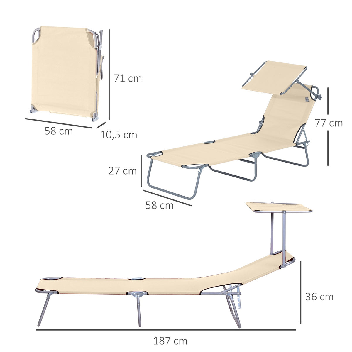 Sun lounger garden lounger wellness lounger beach lounger foldable with sun protection beige 187 x 58 x 36 cm