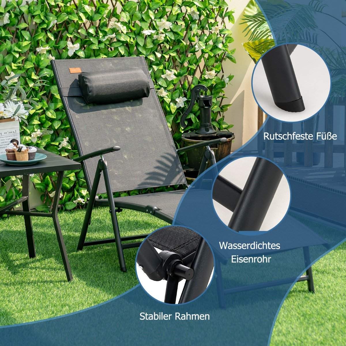 Sun lounger garden lounger with headrest 7 adjustable backrests black