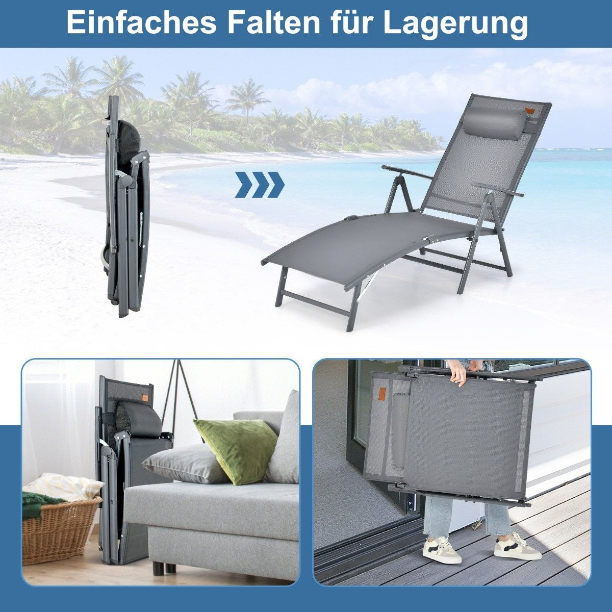Sun lounger garden lounger with headrest 7 adjustable backrests gray
