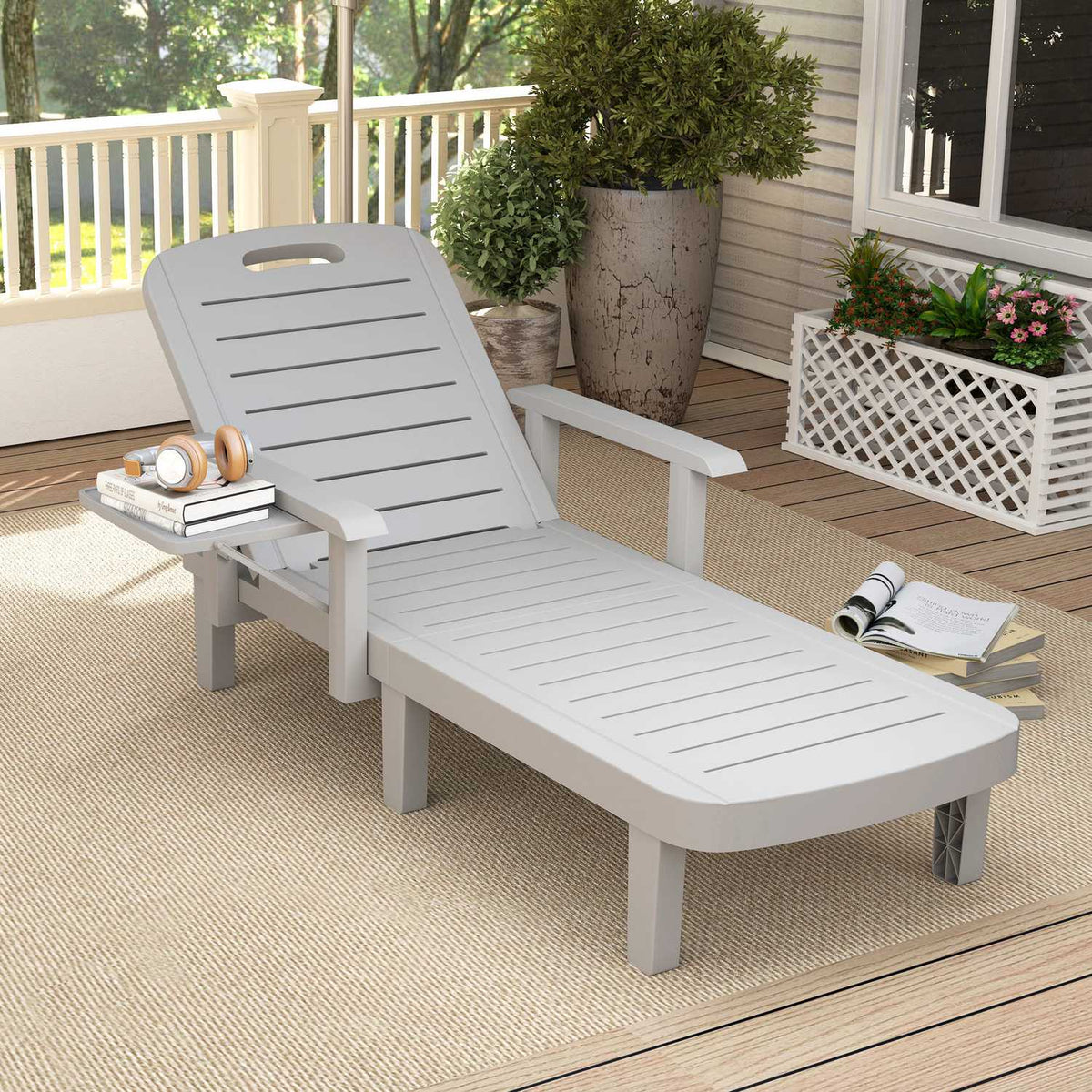 Sun lounger garden lounger with side table wood look deck chair with 5-way adjustable backrest, weatherproof camping lounger, garden chair up to 120 kg load, for garden outdoor beach, light gray
