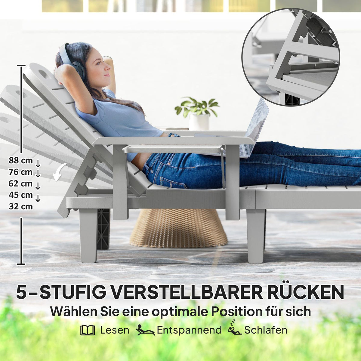Sun lounger garden lounger with side table wood look deck chair with 5-way adjustable backrest, weatherproof camping lounger, garden chair up to 120 kg load, for garden outdoor beach, light gray