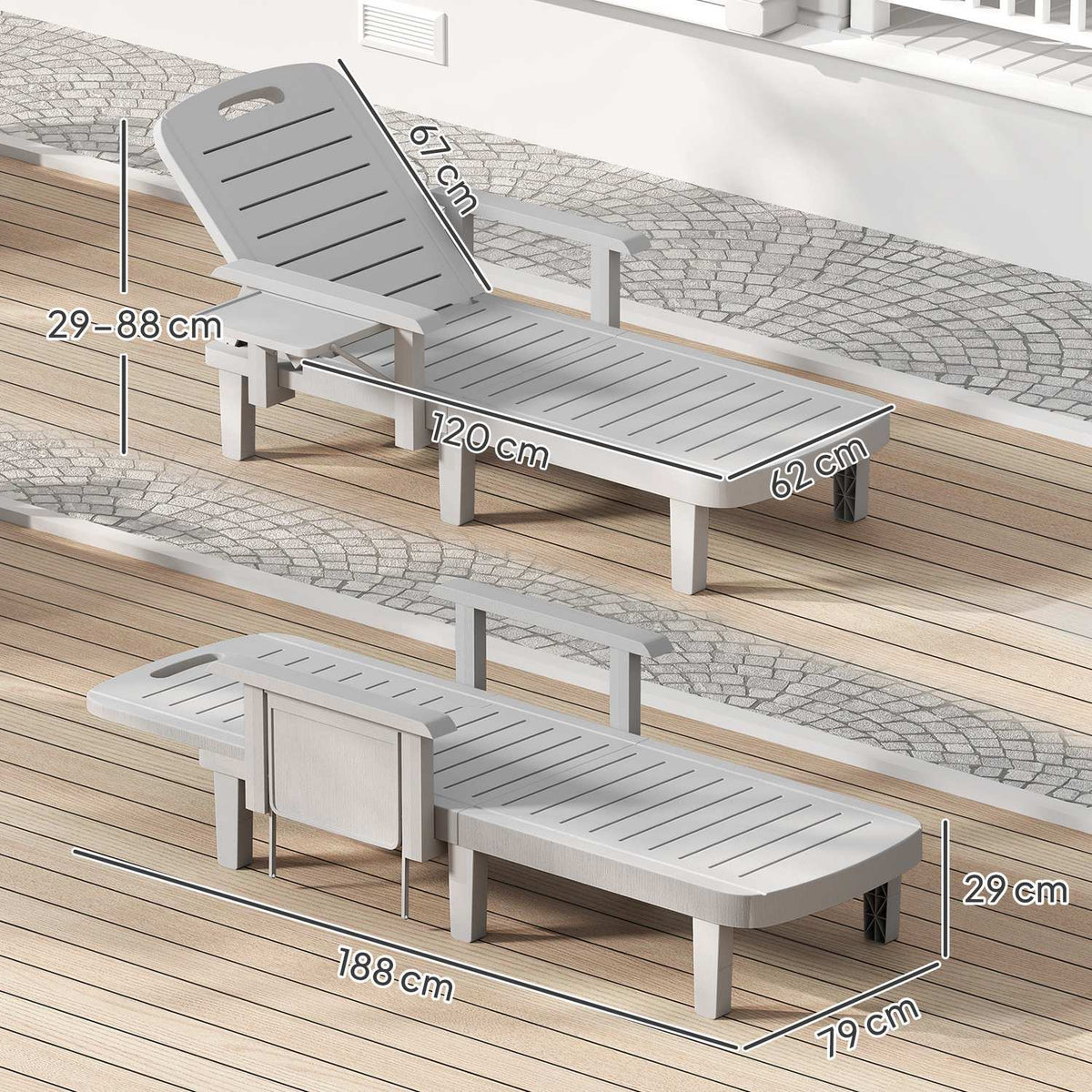 Sun lounger garden lounger with side table wood look deck chair with 5-way adjustable backrest, weatherproof camping lounger, garden chair up to 120 kg load, for garden outdoor beach, light gray