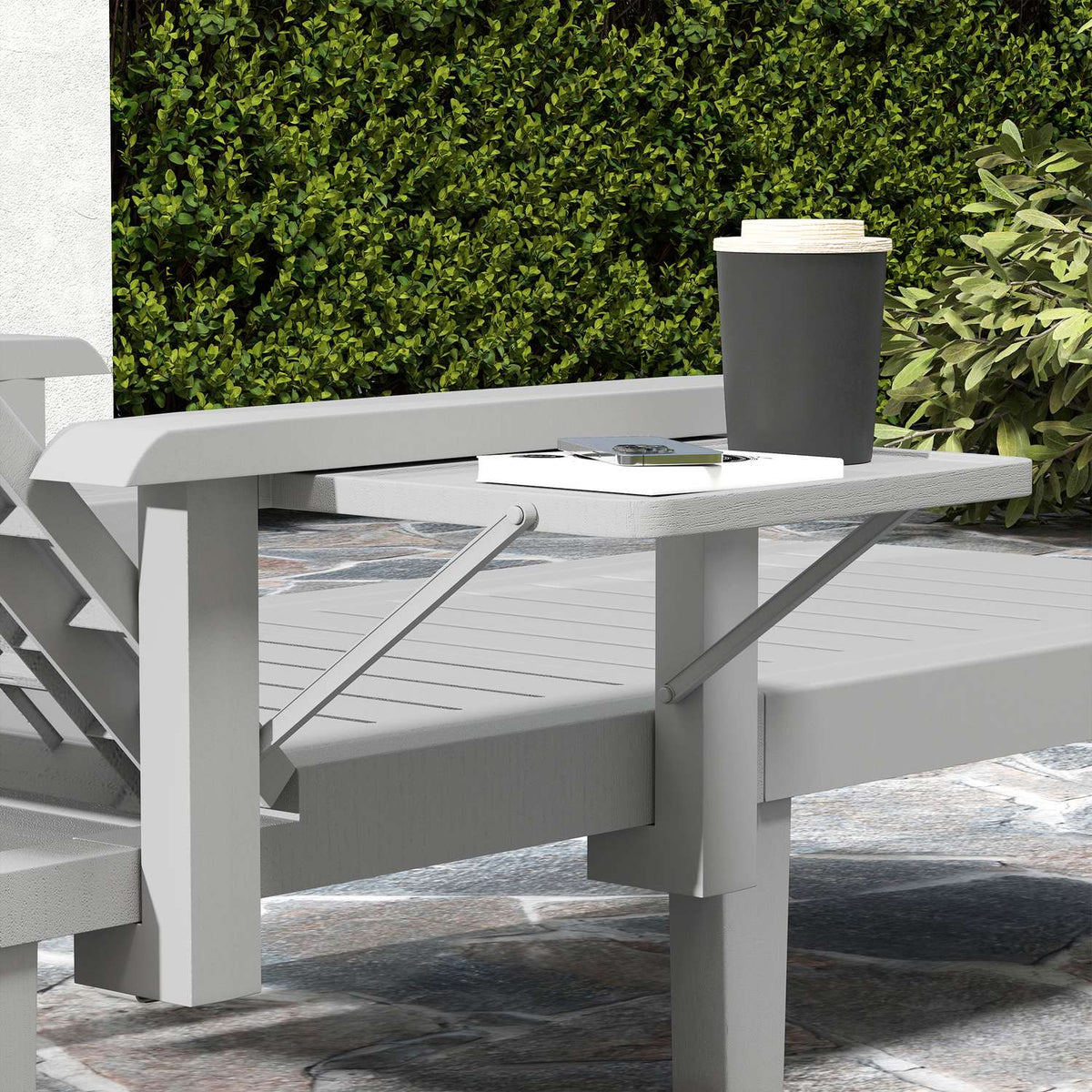 Sun lounger garden lounger with side table wood look deck chair with 5-way adjustable backrest, weatherproof camping lounger, garden chair up to 120 kg load, for garden outdoor beach, light gray