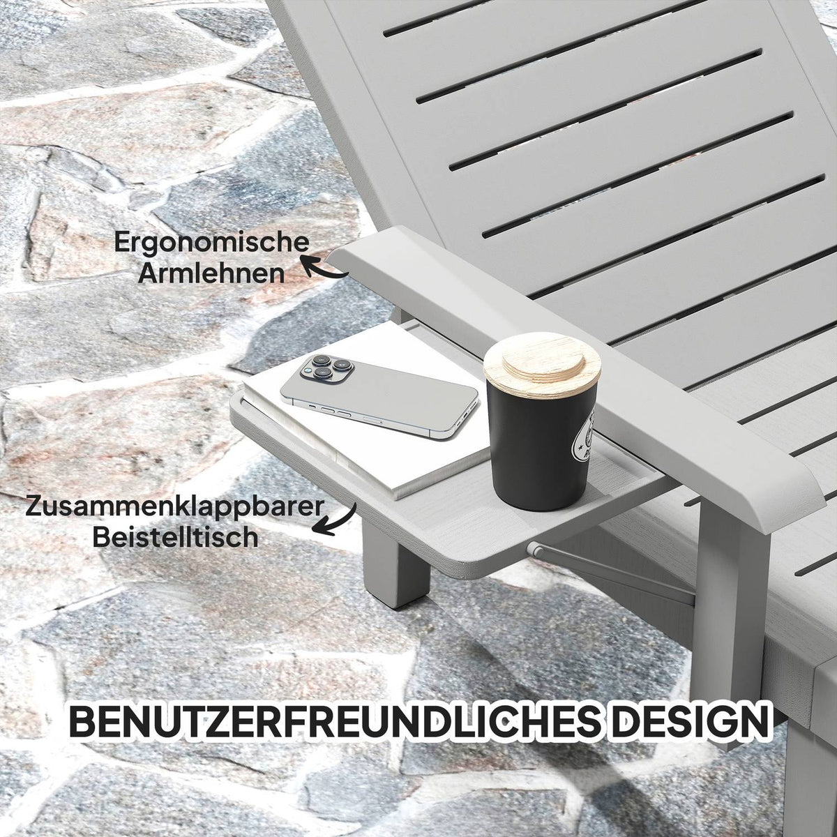 Sun lounger garden lounger with side table wood look deck chair with 5-way adjustable backrest, weatherproof camping lounger, garden chair up to 120 kg load, for garden outdoor beach, light gray