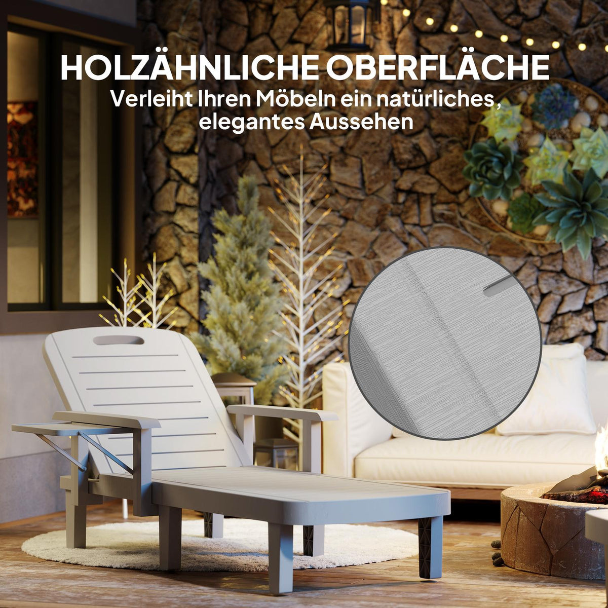 Sun lounger garden lounger with side table wood look deck chair with 5-way adjustable backrest, weatherproof camping lounger, garden chair up to 120 kg load, for garden outdoor beach, light gray