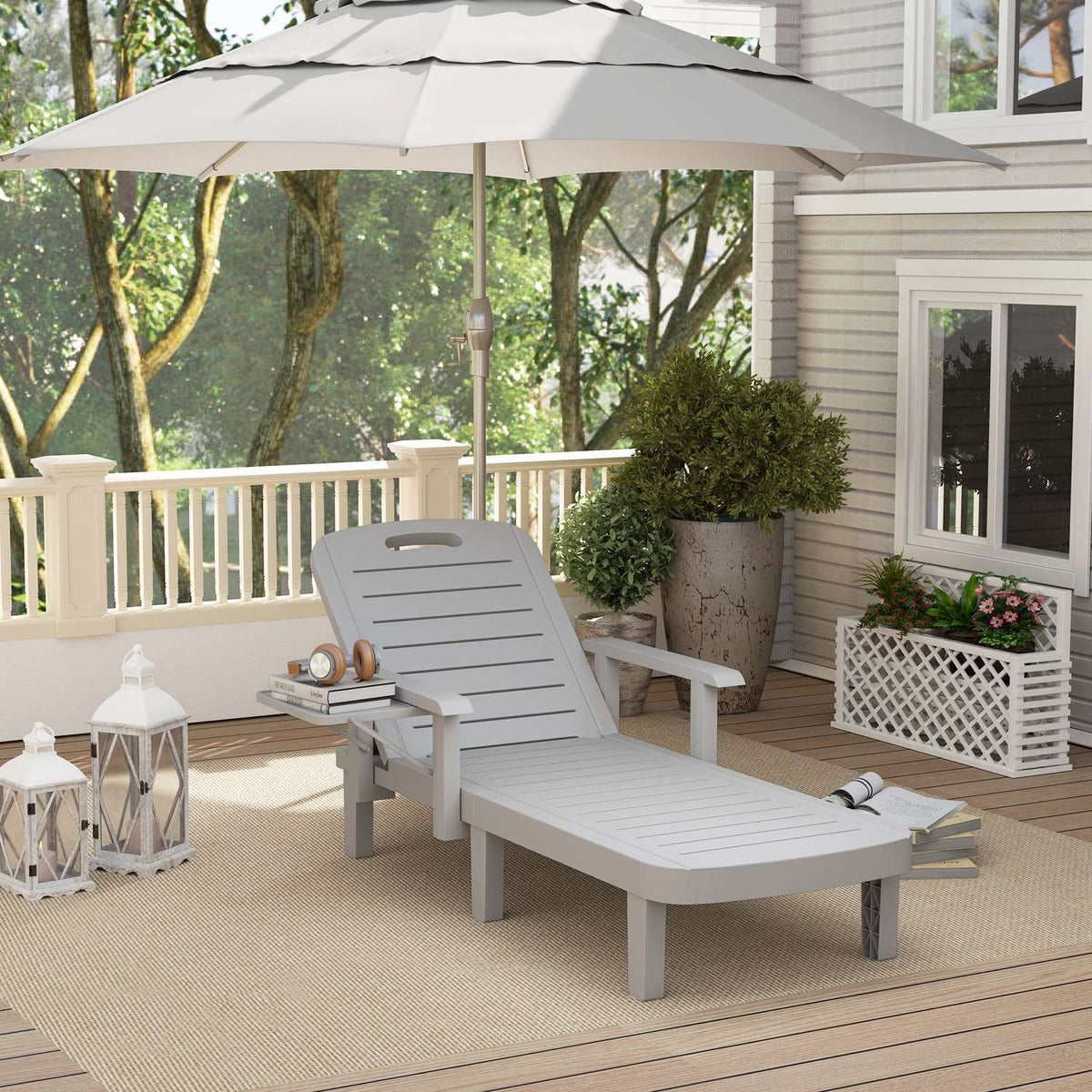 Sun lounger garden lounger with side table wood look deck chair with 5-way adjustable backrest, weatherproof camping lounger, garden chair up to 120 kg load, for garden outdoor beach, light gray