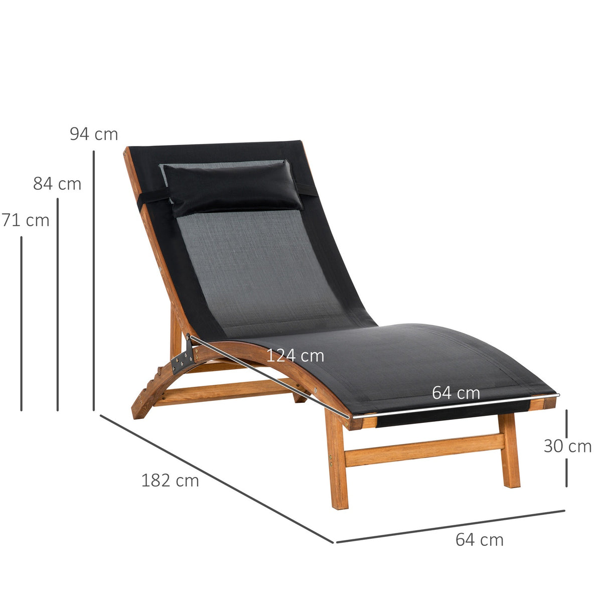 Sun lounger, weather-resistant garden lounger with adjustable backrest and pillow up to 120 kg, black, 182 x 64 x 71 cm for garden and terrace