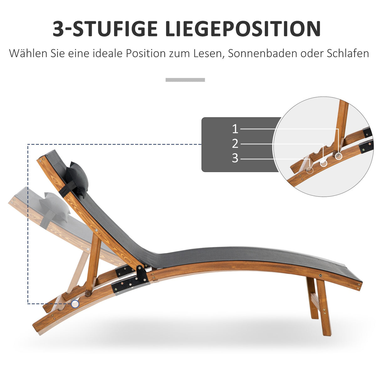 Sun lounger, weather-resistant garden lounger with adjustable backrest and pillow up to 120 kg, black, 182 x 64 x 71 cm for garden and terrace