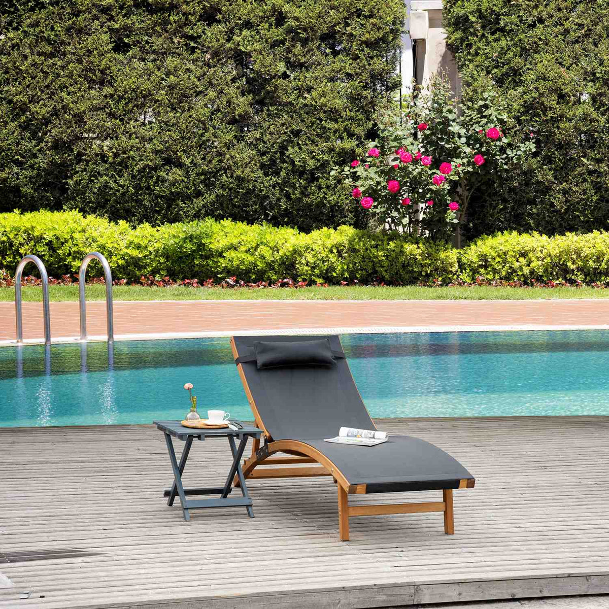 Sun lounger, weather-resistant garden lounger with adjustable backrest and pillow up to 120 kg, black, 182 x 64 x 71 cm for garden and terrace