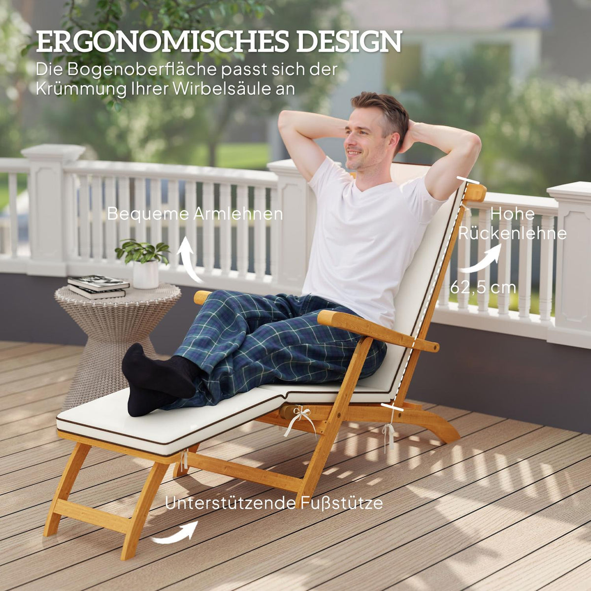 Sun lounger wooden folding garden lounger with footrest, mattress, deck chair up to 160 kg load capacity teak