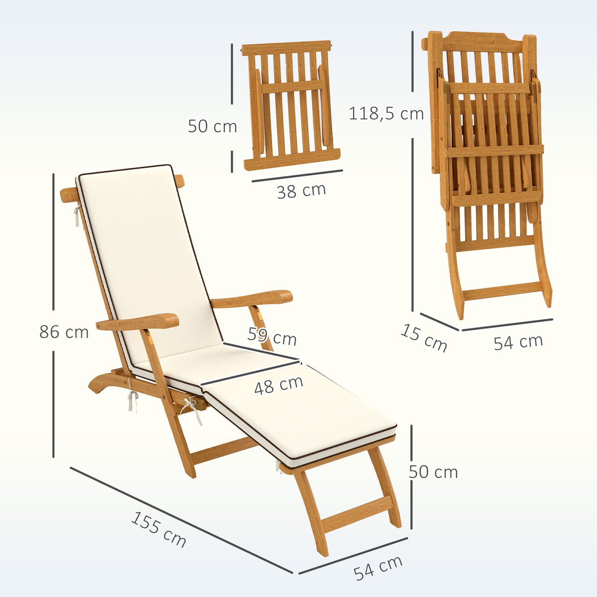 Sun lounger wooden folding garden lounger with footrest, mattress, deck chair up to 160 kg load capacity teak