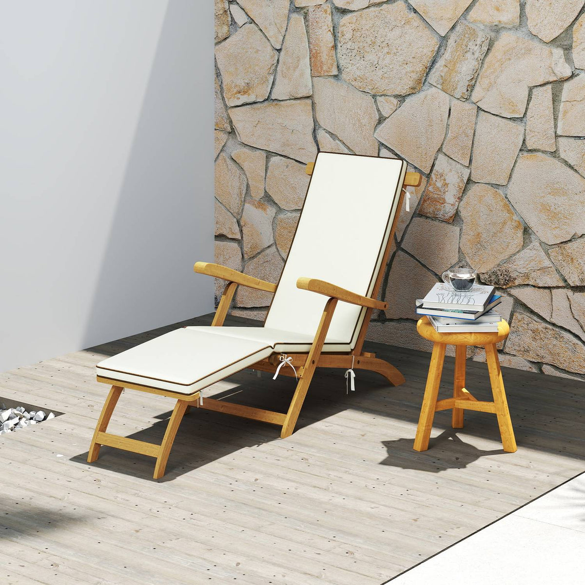 Sun lounger wooden folding garden lounger with footrest, mattress, deck chair up to 160 kg load capacity teak