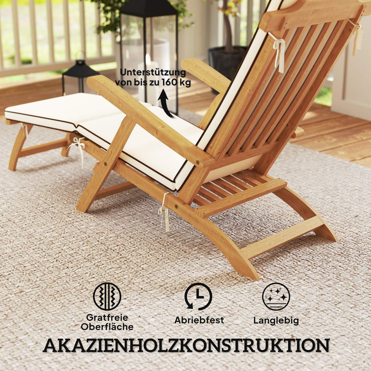 Sun lounger wooden folding garden lounger with footrest, mattress, deck chair up to 160 kg load capacity teak